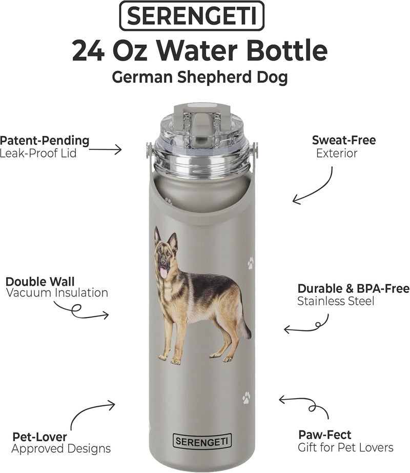 ES Pets SERENGETI 24 Oz Water Bottle Stainless Steel with Spill Proof Lid - Double walled Vacuum Insulated water flask - Realistic 3D Print of your favorite dog (German Shepherd) - Image 1
